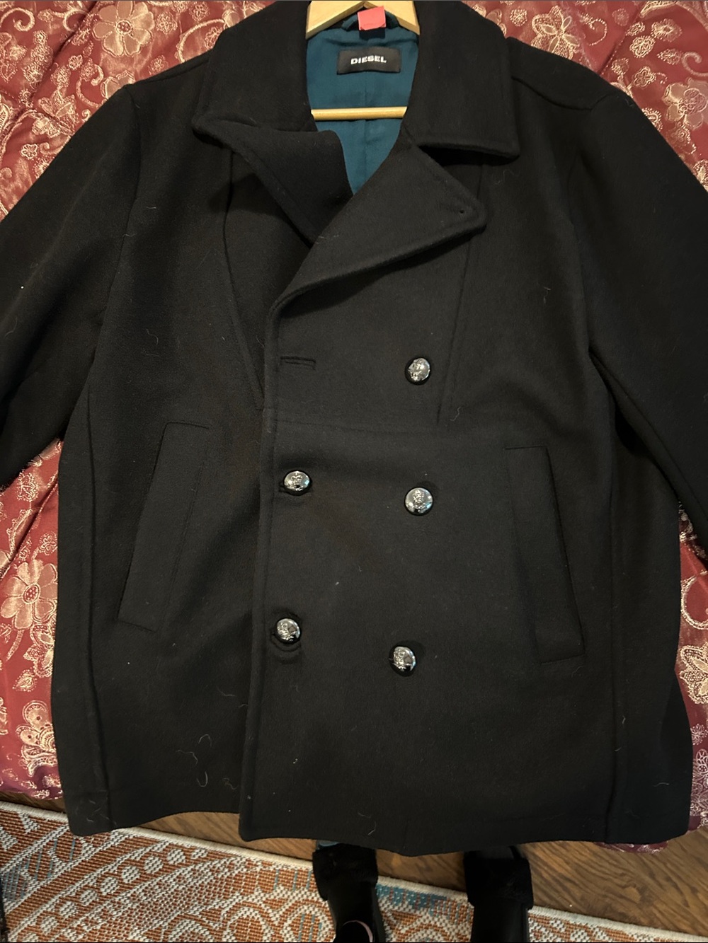 Diesel Black Double-Breasted Wool Pea Coat with Blue Lining
